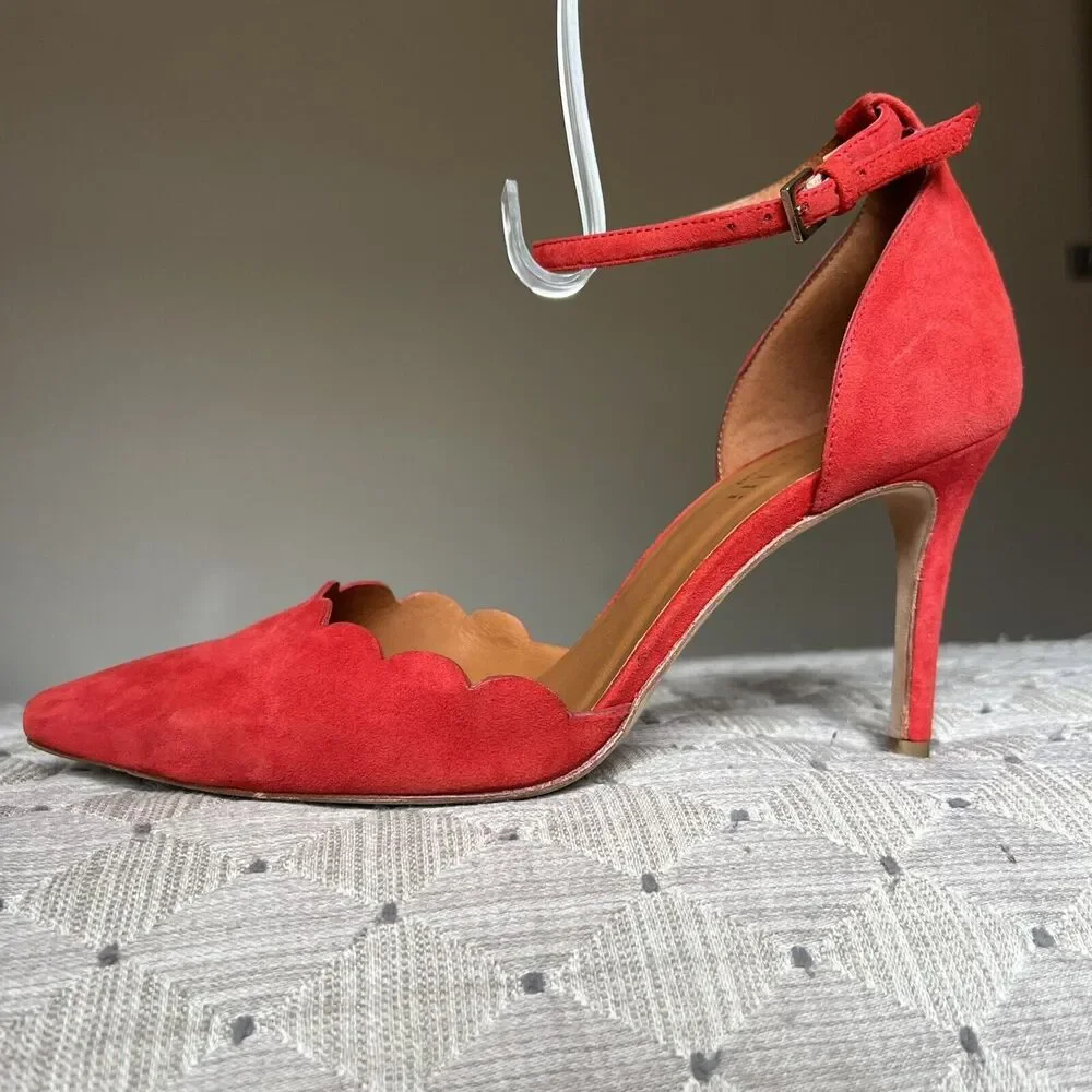 Minelli Spain Red Suede Scalloped Edge Pump Heel Ankle Strap Women EU 38 US‎ 7.5